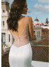 Beaded Ivory Satin Illusion Back Sexy Wedding Dress